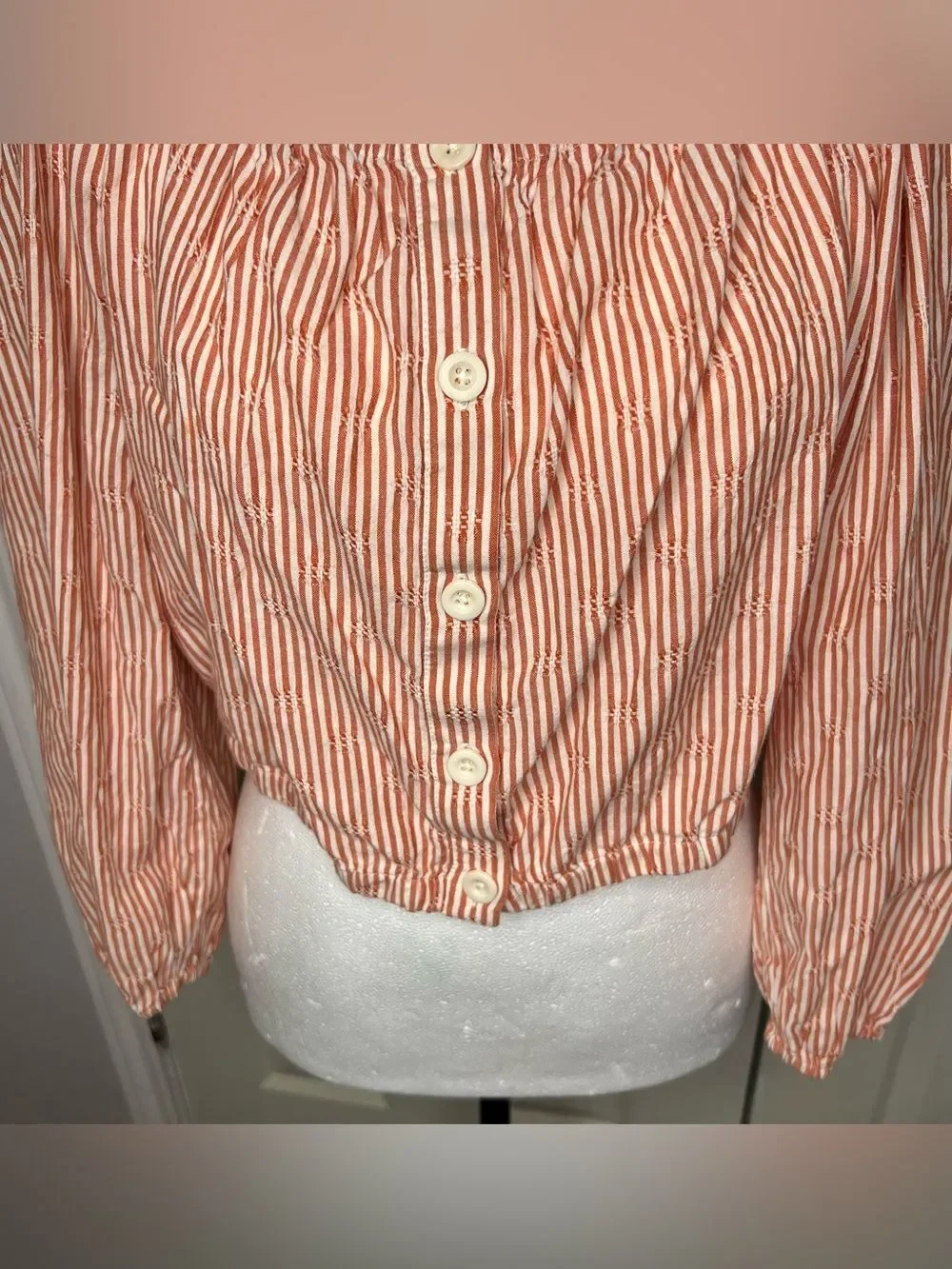 Madewell Orange/White Puff Long Sleeve Front Button Crop Women’s Top Sz M Ranch